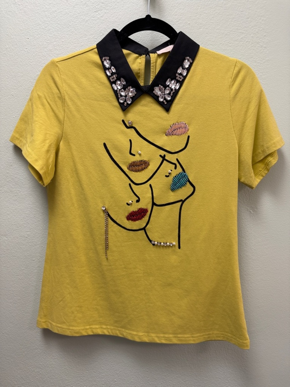 Pastels Yellow Short-Sleeve Top with Jeweled Black Collar